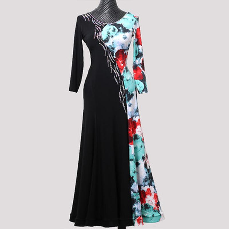 

Custom made Floral ballroom dress waltz modern dance dress Rhinestones standard ballroom dancing clothes tango competition, Black