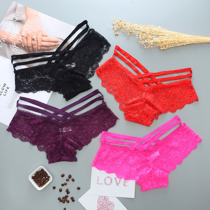 

1/2/3Pcs Cross Strap Sexy Lace Panties Underwear Woman Thong G-String Seamless Lace Briefs Female Low Waist Intimates Underwear, Black;pink