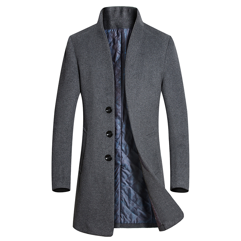 

Coat Fashion Men Long Wool Trench Single Breasted Slim Fit Peacoat Overcoat male clothes Stand Collar Jacket parka, Black