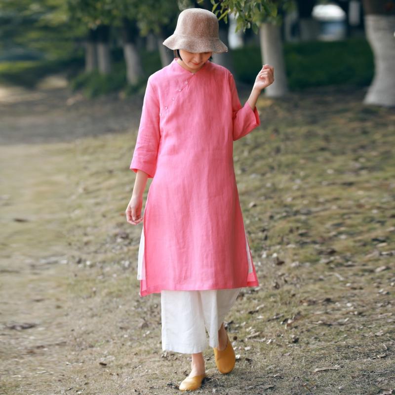 

Cheongsam Dress Summer Style Jade Buckle Slim Thin Double Ramie V-neck Dresses Pink
