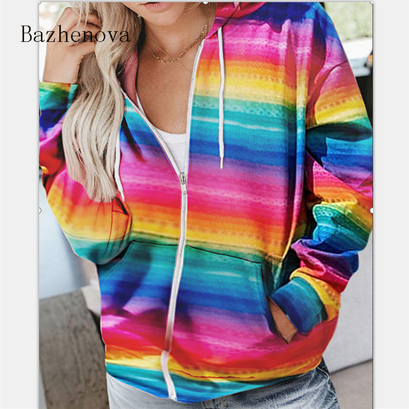 

Bazhenova 2020 fashion rainbow print long-sleeve hoodie tops pocket loose women' Zip sweatershirt casual coat 5XL T1385