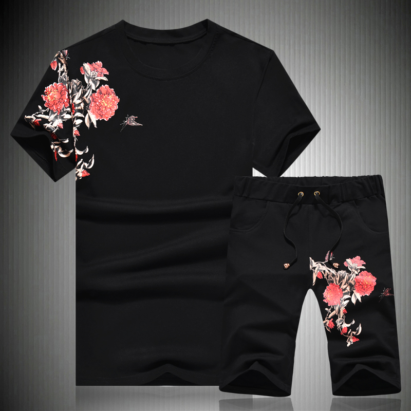 

Bright flower pattern printing short sleeve t shirt and shorts sets Summer New top quality cotton fashion casual men suits -5XL, As picture