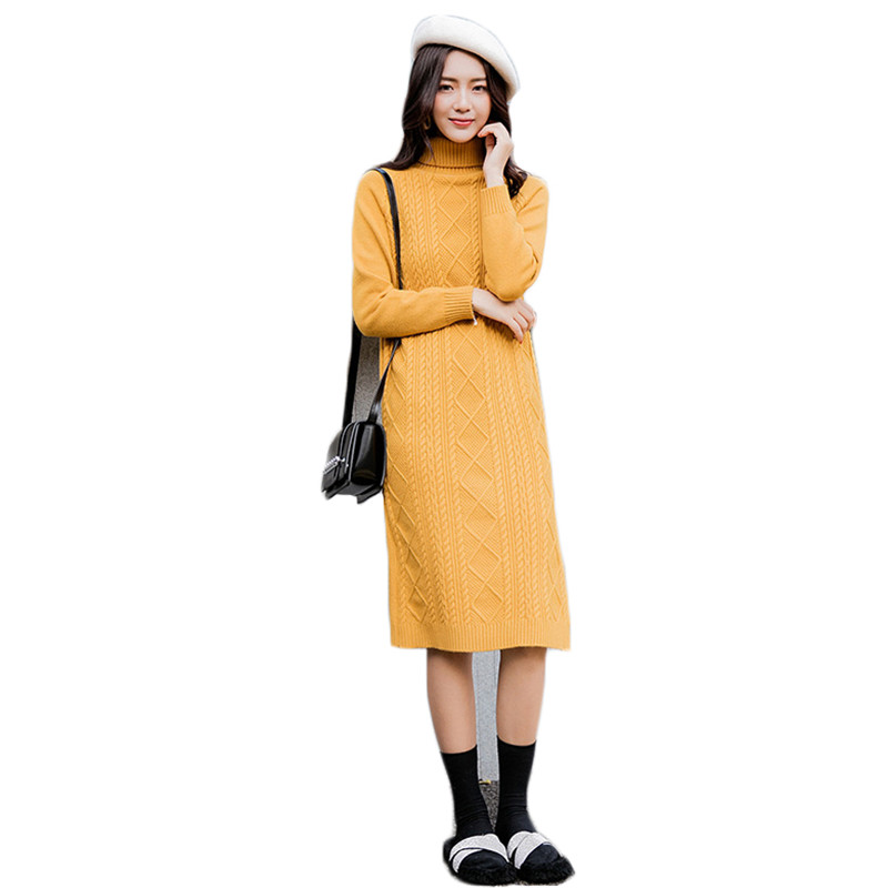 

Sweater dress women yellow green turtleneck 2020 autumn winter Korean fashion slim long sleeve knee-length knitted dresses LR882, Black