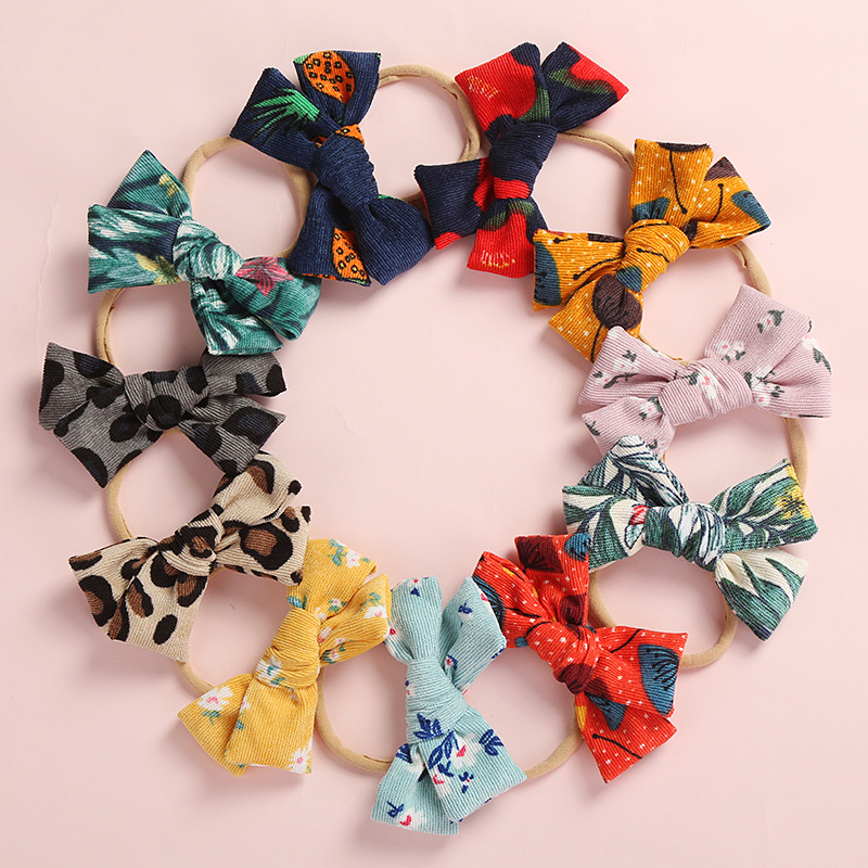 

11 pcs/lot, Floral Print Handtied Corduroy Bow Nylon Headbands or Hair Clips, Baby Girls Hair Accessory, With hair clip