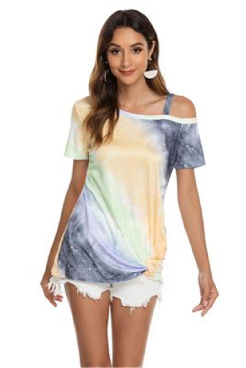 

Women Gradient Shoulder T-shirts Summer Fashion Trend Loose Print Designer Female Spring Round Neck Short Sleeve Casual Tee Tops Clothing