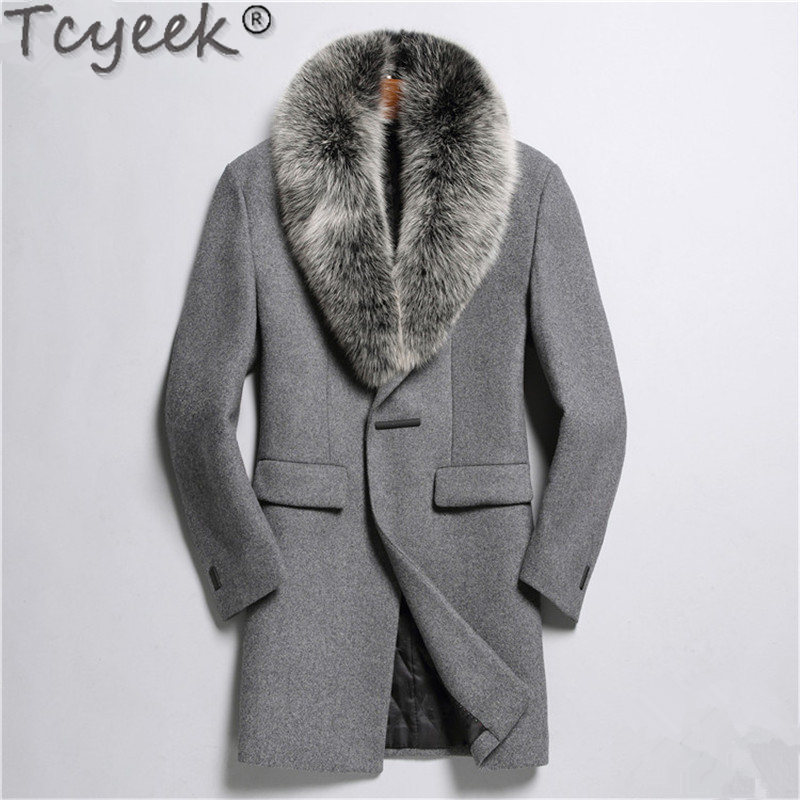 

TcyeekAutumn Winter Jacket Men Top Qulity Wool Coat 100%Real Fur Collar Overcoat Abrigo De Lana Hombre M2988 MF629, Black