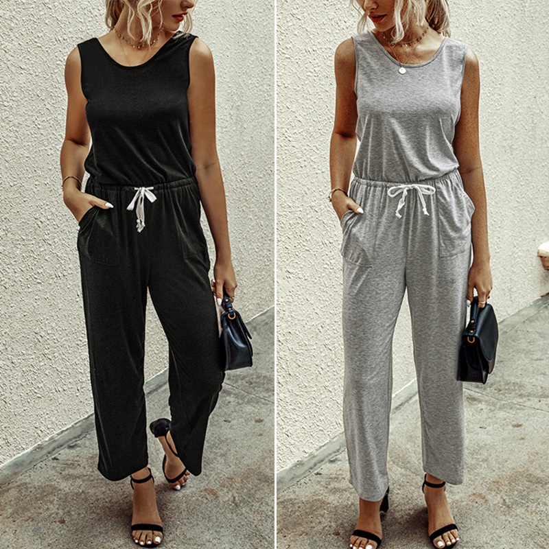 

Off Shoulder Sleeveless Belts Jumpsuits Summer Women Solid Casual Pockets Long Rompers Women Jumpsuits, Black