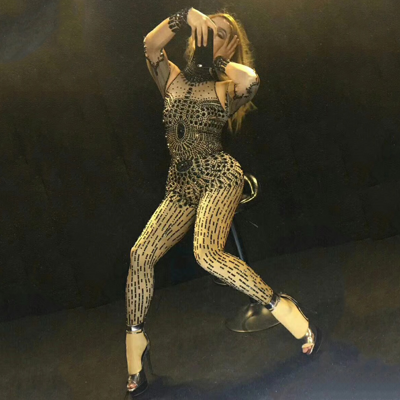 

Sexy Stage Black Rhinestones Jumpsuit Women Stage Performance Outfit Celebrate Glisten Crystals Costume Stretch Bodysuit DT307, As picture