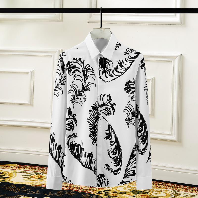 

new arrival spring fashion men's shirts long sleeve print famous personality flowers high quality size  L XL XXL XXXL 4XL, White
