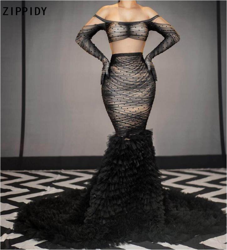 

New Black Rhinestones Gloves Long Tail Dress Birthday Celebrate Dress Evening Prom Party Female Singer Show Dresses