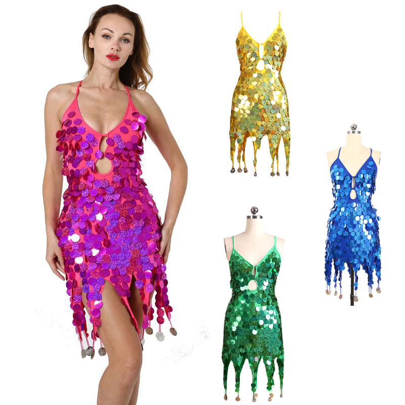 

One piece Mini Dress Women Evening Party Club Clothes Sequined Latin Dance Wear Fringes Sexy Backess Scale Strap Dresses, Color 1