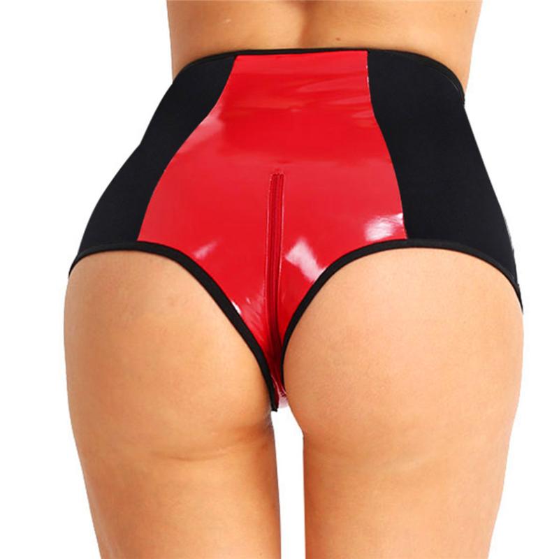 

Hot Women Sexy Wetlook Faux Leather Shorts Skinny High Waist Zipper Crotch Short Pants Women Clubwear for Dancing Raves Costumes, As pic