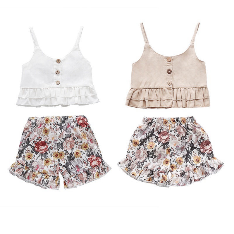 

New Summer Children Baby Girls Clothes Casual Solid Sleeveless Sling Vest+Floral Print Shorts Outfits Set