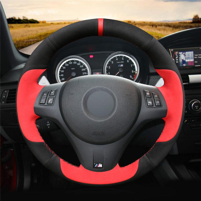 For BMW M3 2009-2013 /E92 Car Steering Wheel Cover Black Red Suede Leather-image-554720136