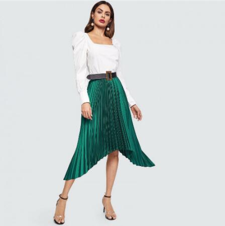 

Fashion 2020 Asymmetrical Pleated Satin Skirts Women Zipper Mid Calf Emerald Green Lady Skirt High Street Female Saias, Beige