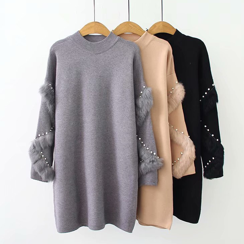 

New Winter Long Sweaters Women Casual Loose Pullover Jumpers Real Fur Sweater pull femme beading Pearl turtleneck jumper, D00746 khaki