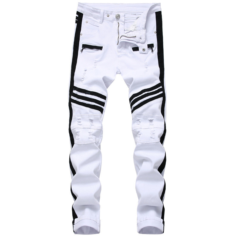 

Men Hip-hop Stripe design Patchwork Ripped Stretch Slim Jeans Streetwear Cotton Male Casual Joggers Denim trousers Plus Size 42, White