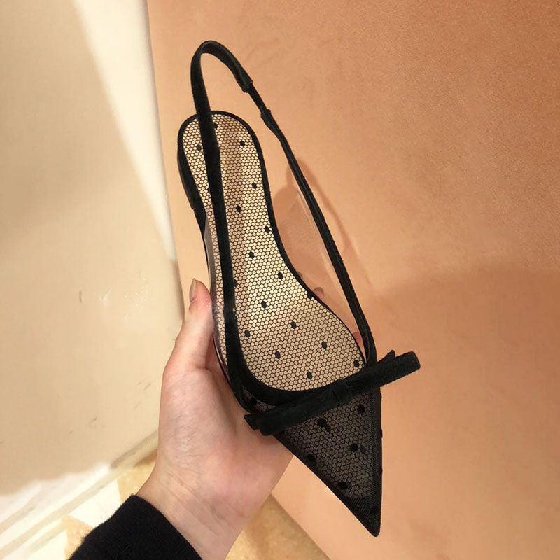 

Pointed Toe Mesh Women Pumps Slip On Back Strap PVC Summer Sandals Casual Flat Shoes Polka Dot Butterfly Knot Pumps, As pic
