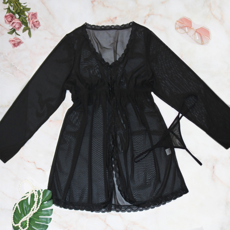

Womens Sexy Long sleeve Dress Lace Bath Robe Lingerie Gown Ice Silk Nightdress Solid Color Nightgown Nightwear Plus Size, Black
