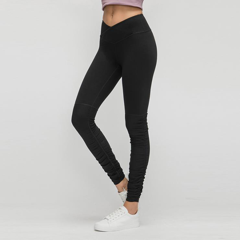 

High waist yoga pants female personality cross waist head thin fitness pants hem thread fold ninth, As shown
