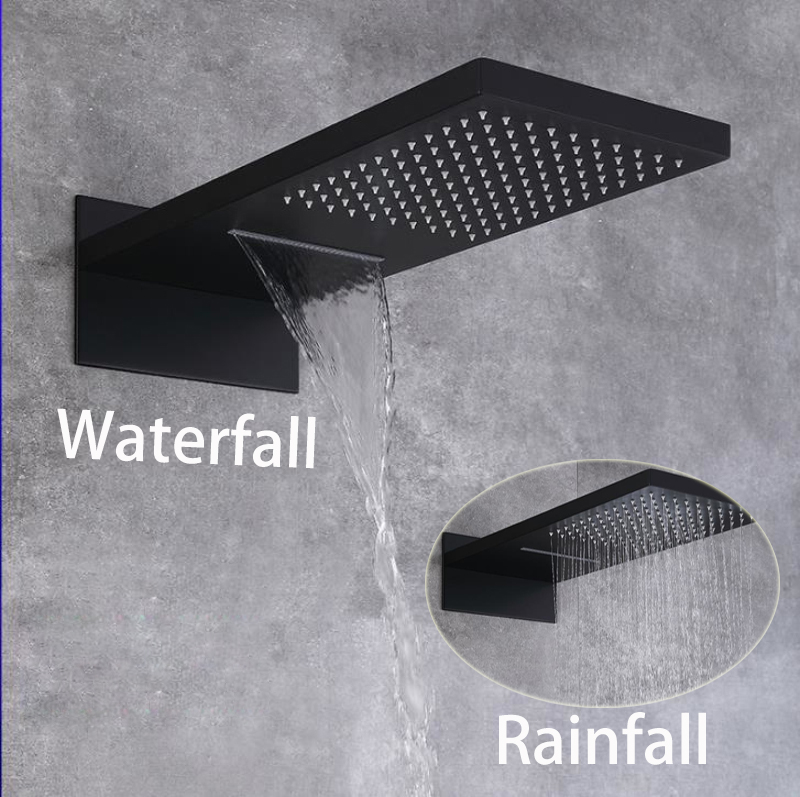 Black Shower Panel Faucets Column Rainfall Waterfall Over Head Shower 22 Inches Big Bath Shower Rain Without Valve Controller-image-558802710