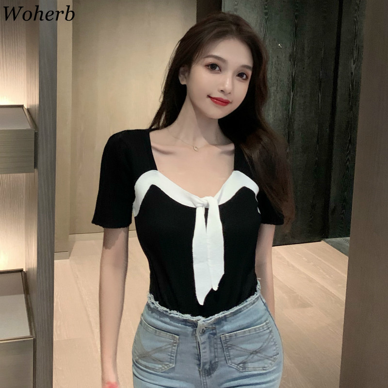 

Woherb Women Shirts Contrast Color Bandage Short Tees Sexy Lady Hollow Out Backless Square Collor Knitted Tops Summer Clothes, Black