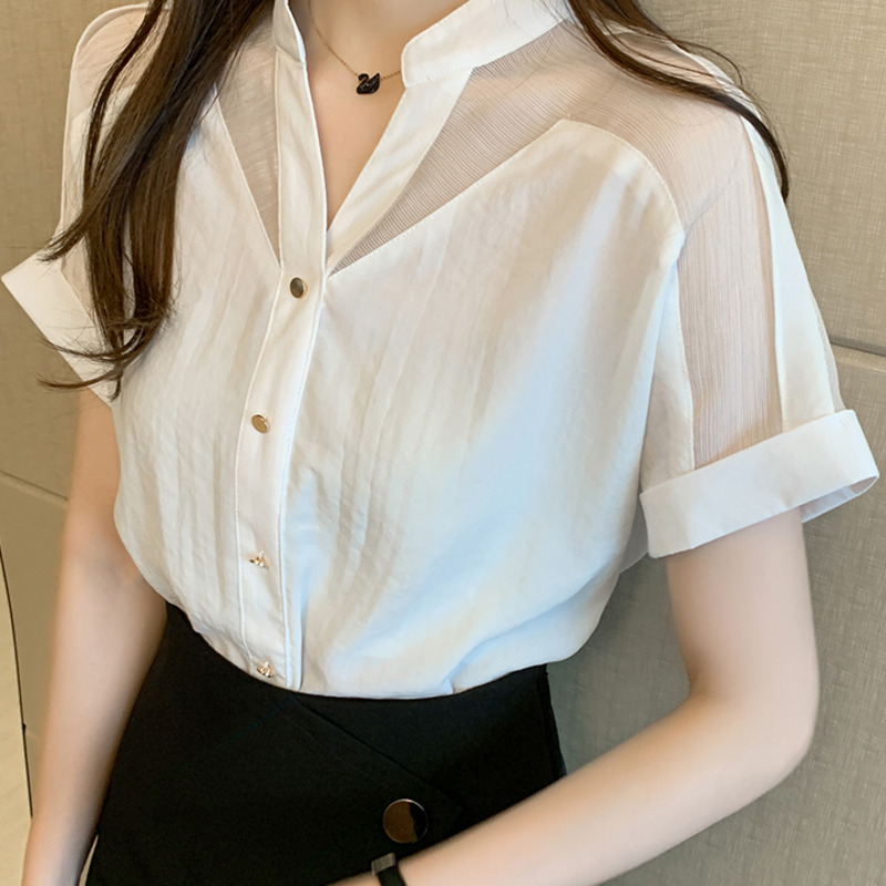 

Women Solid Short Sleeve Chiffon Blouse New Summer V-neck Mesh Shirt Clothing Blusas Mujer De Moda Office Lady Blouse Tops 2020, Black