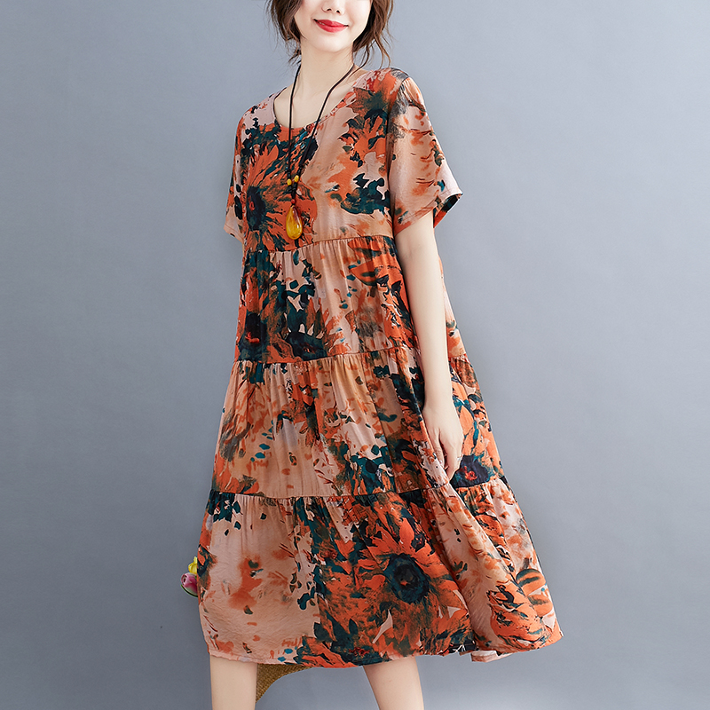 

Summer Fashion Printing Pregnant Women Dress Short Sleeve O-Neck Block Color Patchwork Maternity Cotton And Linen Dress Pockets, Square flowers