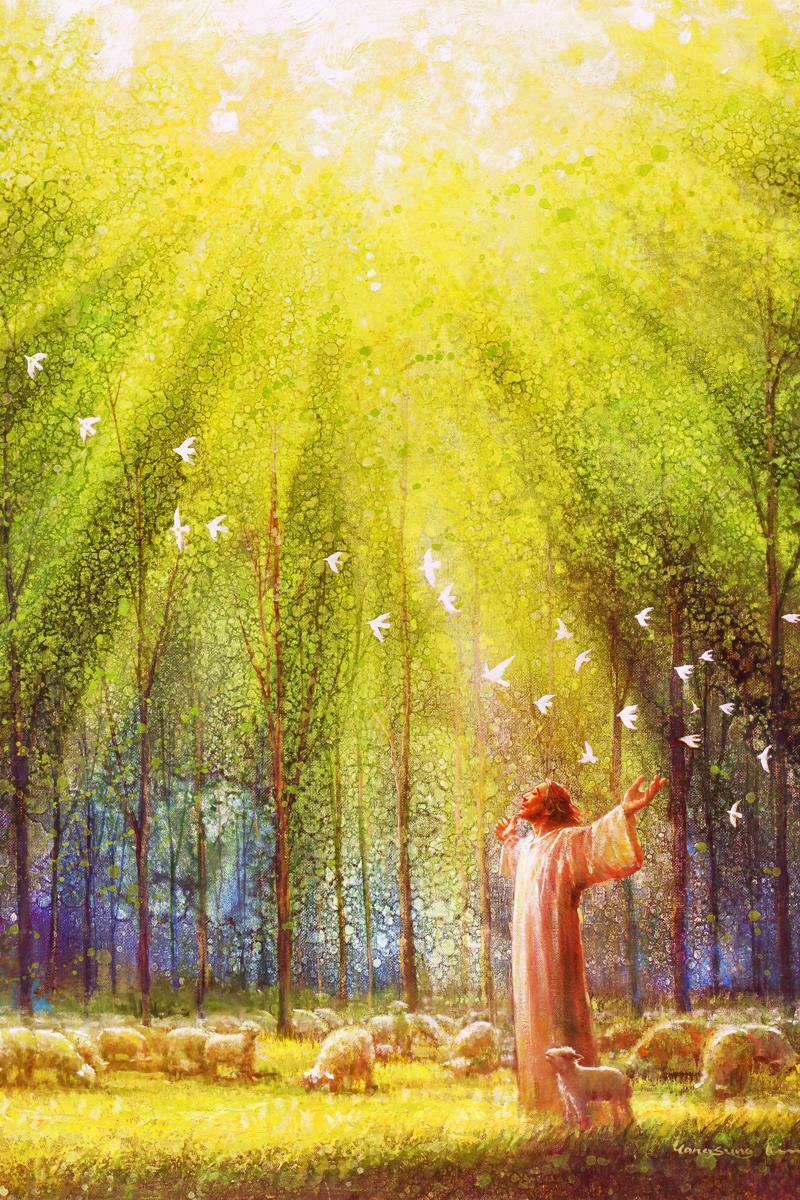 

Yongsung Kim The Light of love Jesus with Doves and Sheep Home Decor Handpainted &HD Print Oil Paintings On Canvas Wall Art Pictures A117