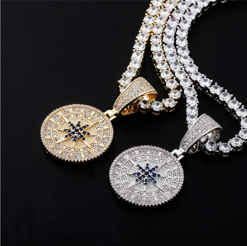 

Gold Silver Color Iced Out Bling CZ Compass Pendant Necklace wit Rope Chain For Men Women