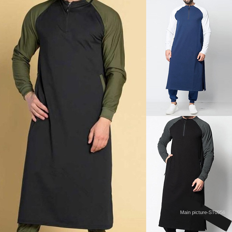 

2020 cross-border supply Middle East men's stand collar retro long-sleeved gown Zhongshan suit contrast color long-sleeved gown, Army green