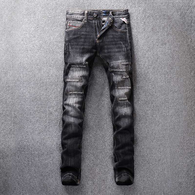 

Italian Style Fashion Men Jeans Black Gray Slim Fit Ripped Jeans Men Patchwork Designer Punk Pants Streetwear Hip Hop