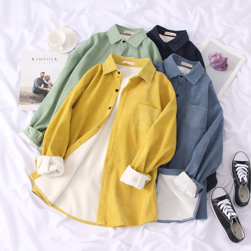 

Autumn Winter New Korean Plus Velvet Thick Shirts Women Casual Solid Color Medium Long Corduroy Blusas Female Warm Loose Tops, Blue