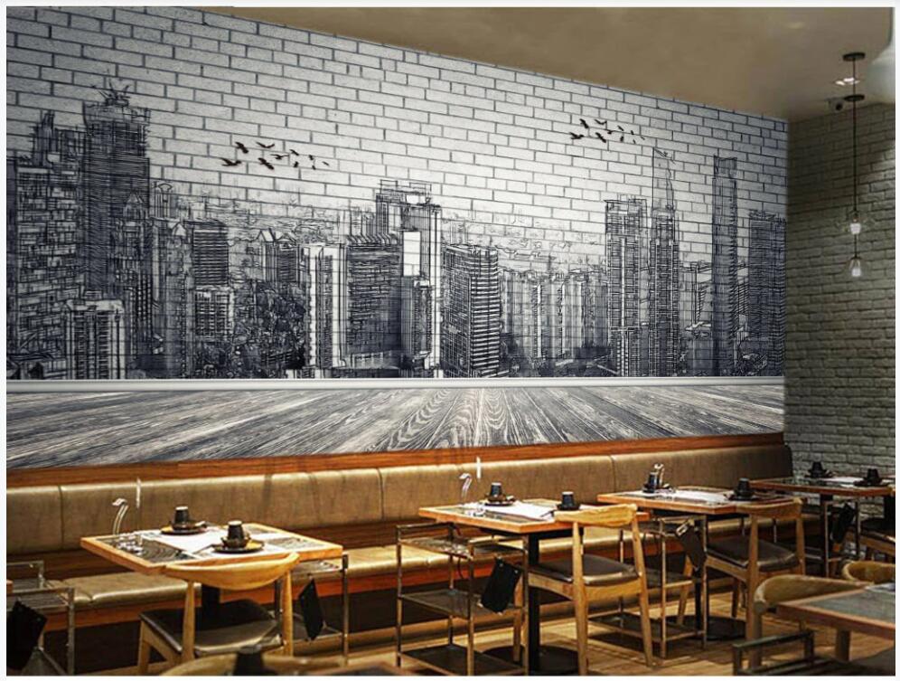 

wall paper 3 d custom photo mural Urban architecture black and white hand painted brick wall home decor photo wallpaper in the living room, Non woven