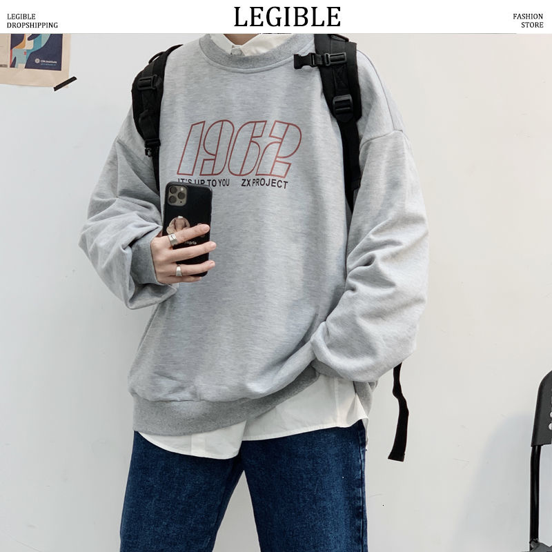 

LEGIBLE New Men's Printed Sweatshirts 3 Colors Streetwear Men Casual Hoodies Long Sleeve O-neck Male Pullovers, Gray