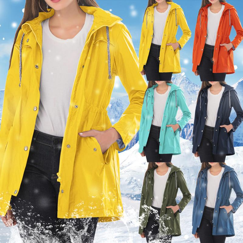 

Women Waterproof Hooded Raincoat Women Solid Rain Jacket Outdoor Windproof Overcoat Spring Autumn Fashion Sporting Outdoor Coat, Yellow