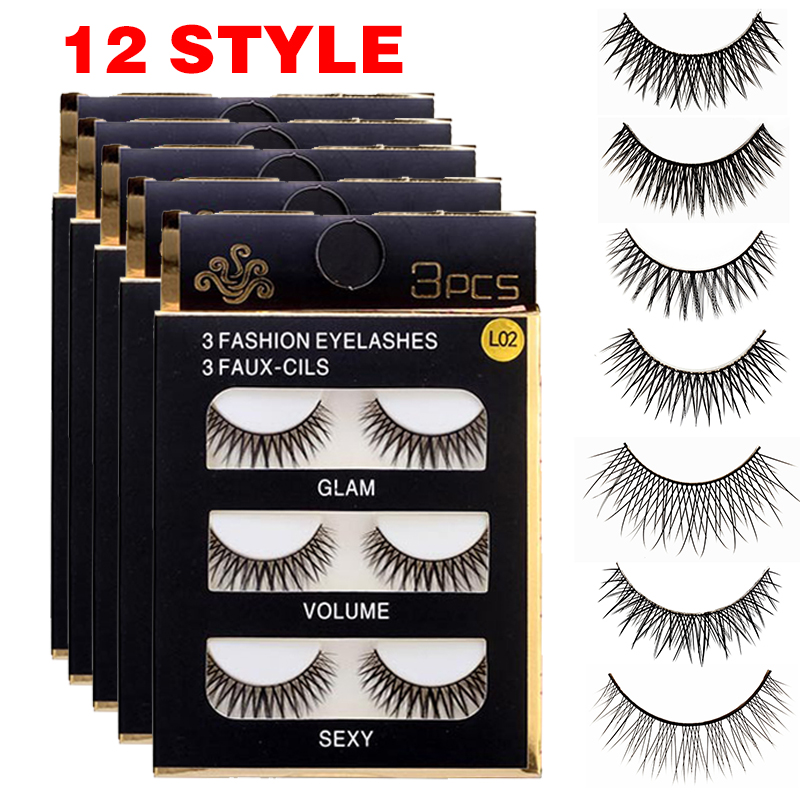 

3 Pairs Artificial Fiber False Eyelashes 3D Handmade Natural Cross Thick Long Eyelash Extension Fluffy Fake Eyelashes Makeup