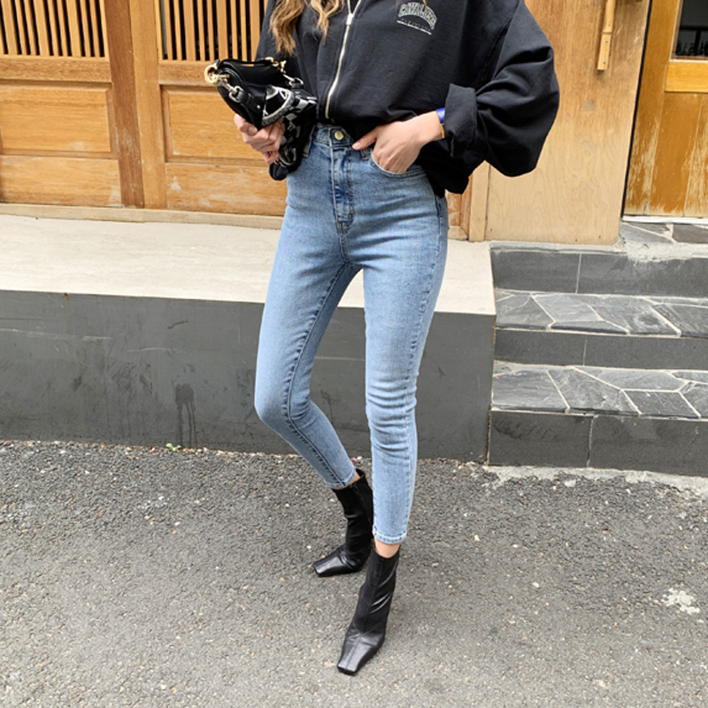 

Skinny Women Denim Jeans All-match Fit High Waist Female Stretchable Pencil Jeans 2020 Autumn Streetwear Women Trousers, Denim blue