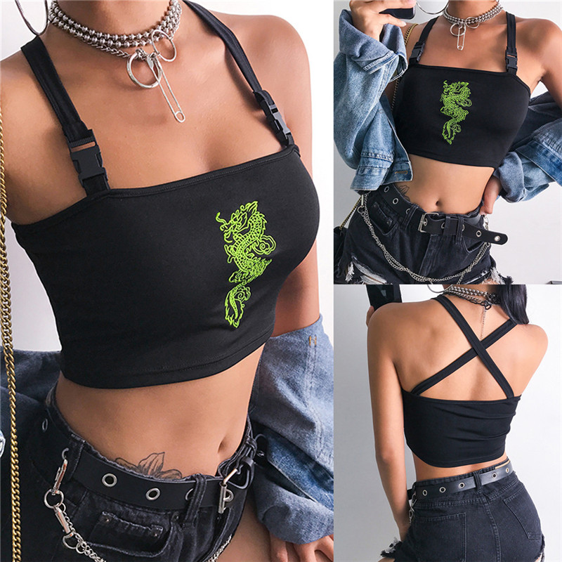 

Fashion Women Sexy Hot Summer Buckle Vest Boob Tube Crop Top Bralet Sheer Dragon Embroidery Stylish Cami Tank Top, Black