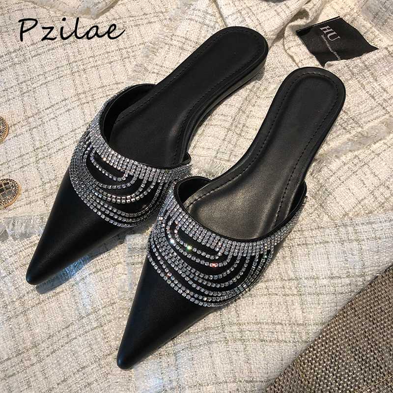 

Pzilae Elegant rhinestone shoes 2020 fashion mules for women PU leather pointed toe slip on women slippers summer women's shoes, White