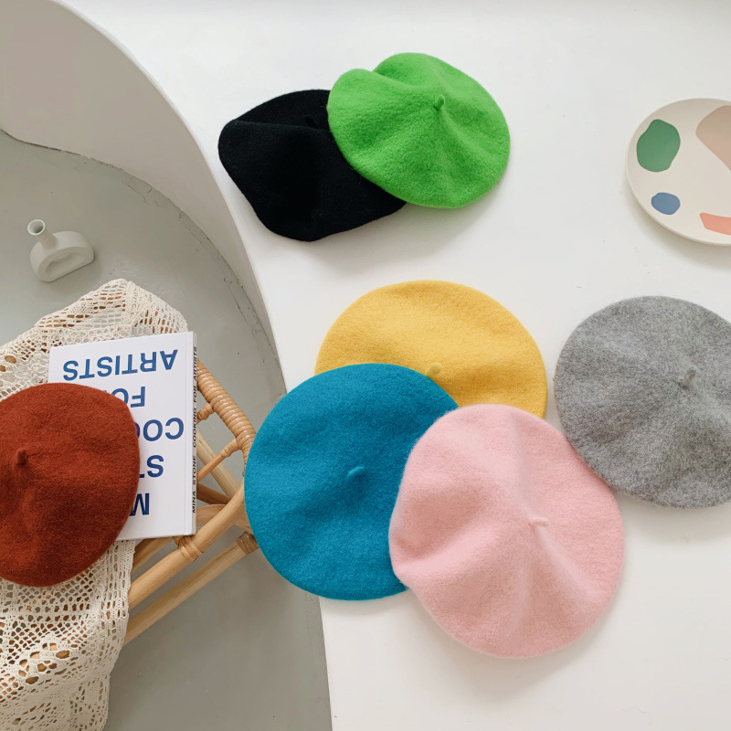 

2020 Autumn Hot Sale Girls Fashion Candy Color Beret Kids Hat Kids Winter Hats, Black