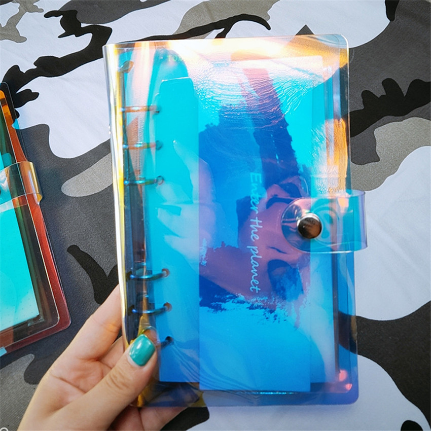 

Notebook Binder Laser Clips A5 A6 A7 Organizer Transparent Rainbow Note Books Round Ring Binders Notepads PVC Pocket Notebook A03