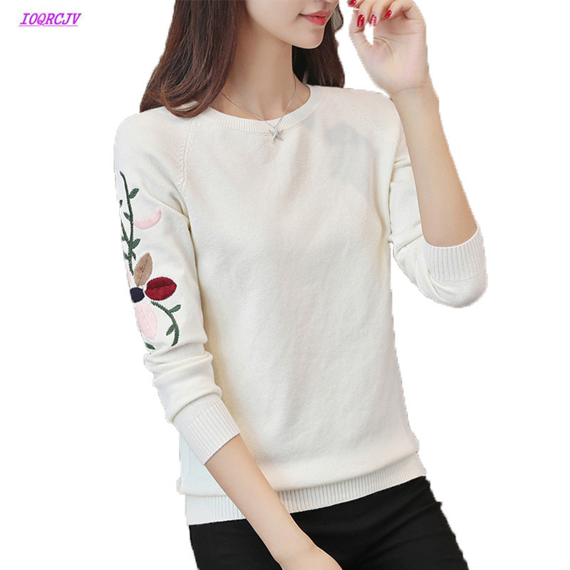 

Embroidery Bottoming Sweater Female Spring Autumn New Loose Fashion Short Wild Plus Size Pullover Sweaters Jacket Women' W37, Creamy-white