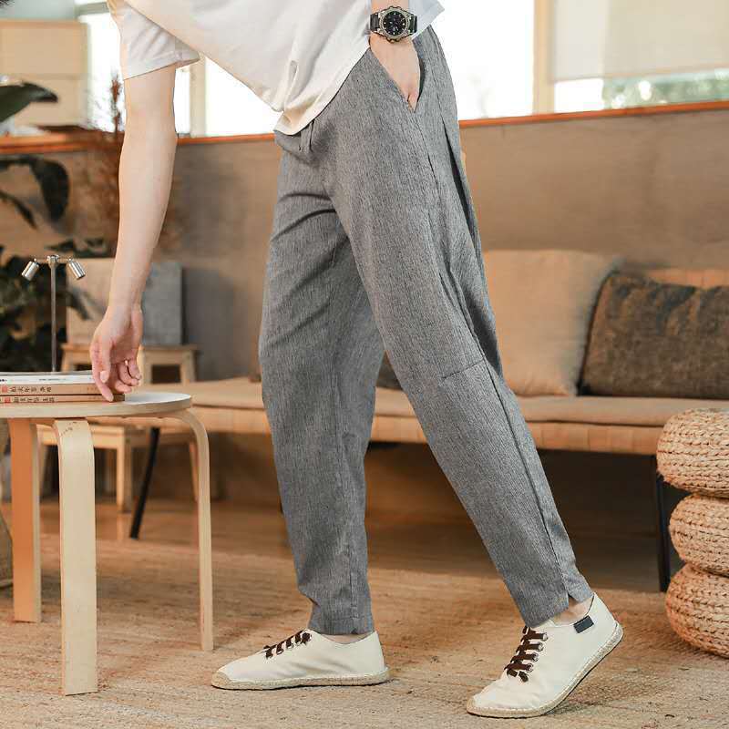 

Summer Men Cotton Linen Chinese Style Pants 2020 New Male Trousers Mens Solid Color Pants Thin Loose Sweatpants 4 Colors L31, Light blue