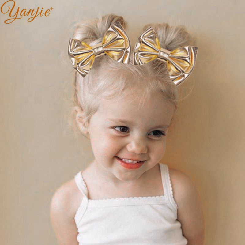 

1set Gold Metallic Double Layer Hair Clips For Girls Kids 4'' Glitter Hair Bow For Headbands DIY 2020 Summer Accessories, 3 inch