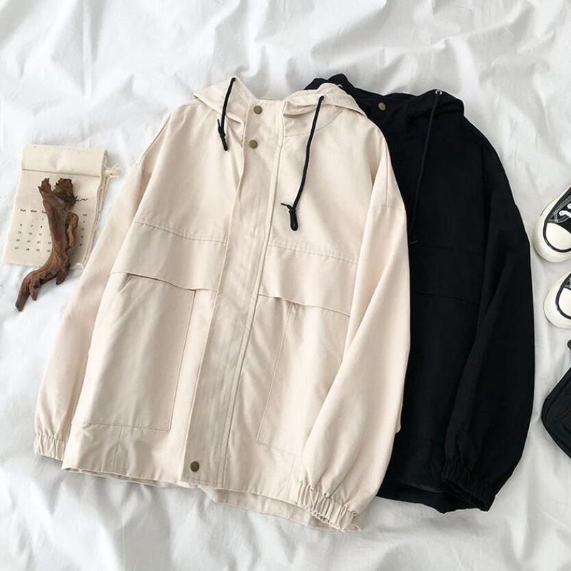 

2020 spring autumn women jacke streetwear fashion Long Sleeve casual vintage hooded jackets coats Loose oversize outerwear, Black