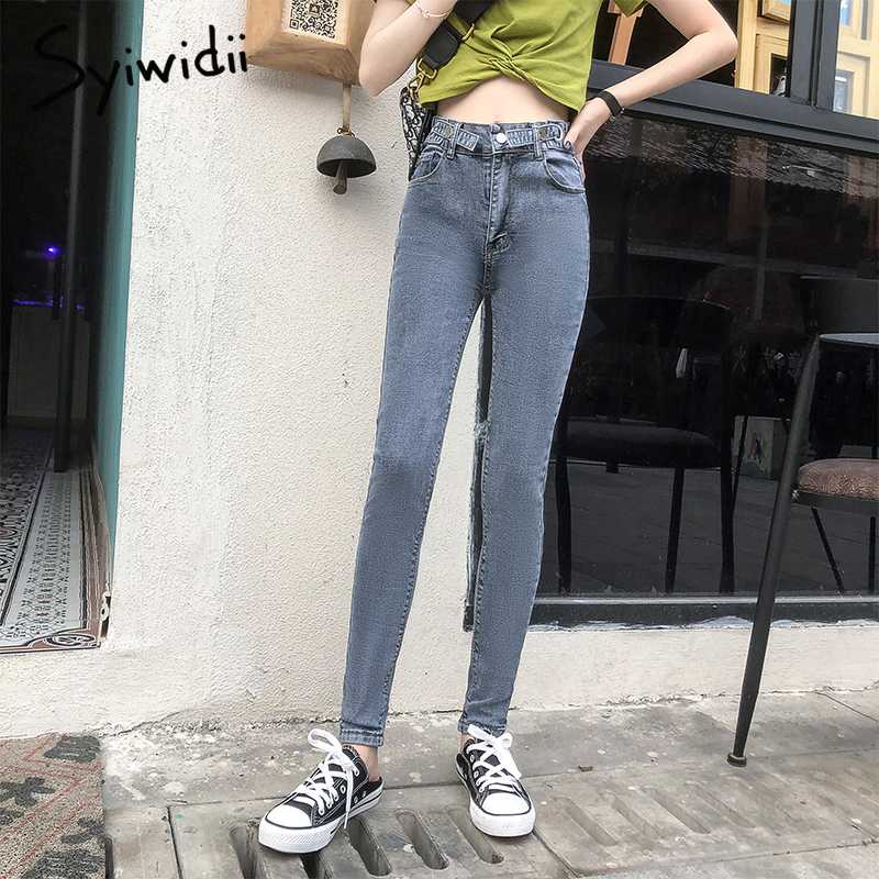 

syiwidii new jeans woman plus size casual high waist jeans slim stretch cotton lace up skinny denim trousers for woman blue gray
