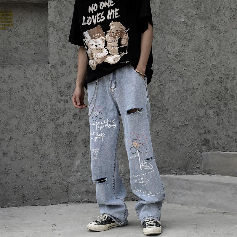 

Original Graffiti Hole Ripped Jeans Harajuku Loose Casual Streetwear Denim Trousers Oversize Plus Size Jeans Pants for Men, Blue