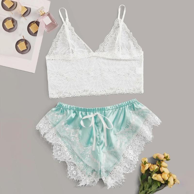 

Lingerie Sexy Bra Set Women's Sleepwear Sleeveless Strap Lace Trim Satin Cami Tops Pajama Sets Bras Women Exotic Apparel 2020, Green