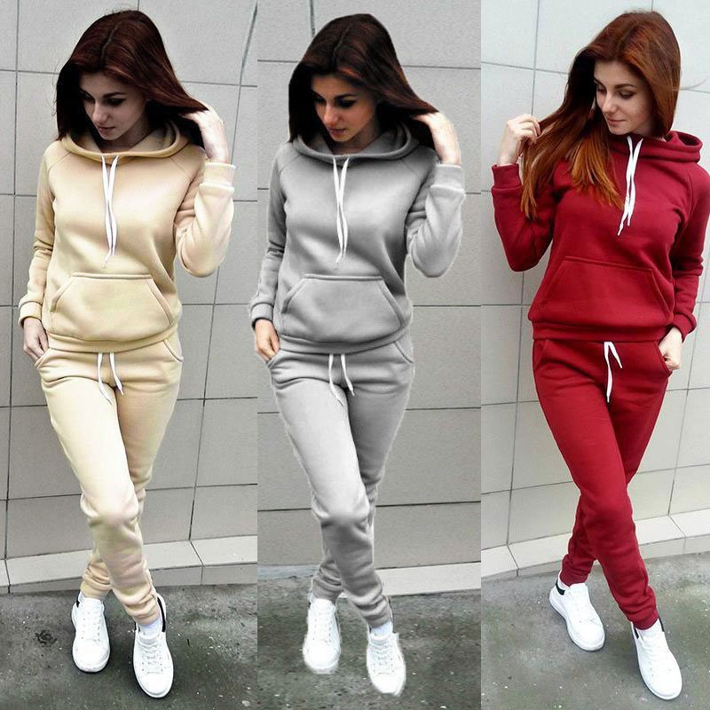 

2Pcs Set Casual Women Tracksuit Hoodies Long Sleeve Pull-Rope Cotton Warm Sweatshirt Tops+Long Pants Sets Sport Wear Suit, Black